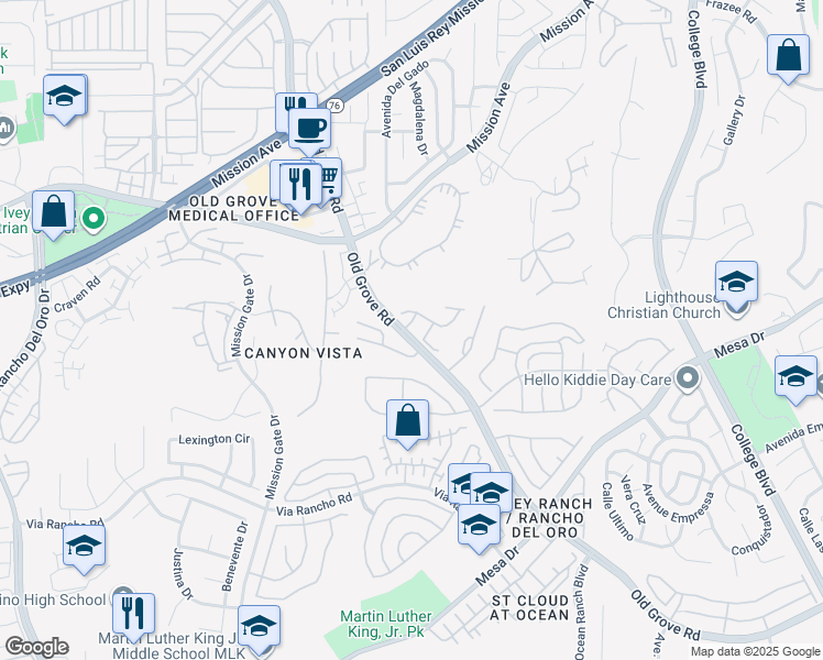 map of restaurants, bars, coffee shops, grocery stores, and more near 4402 Chickadee Way in Oceanside