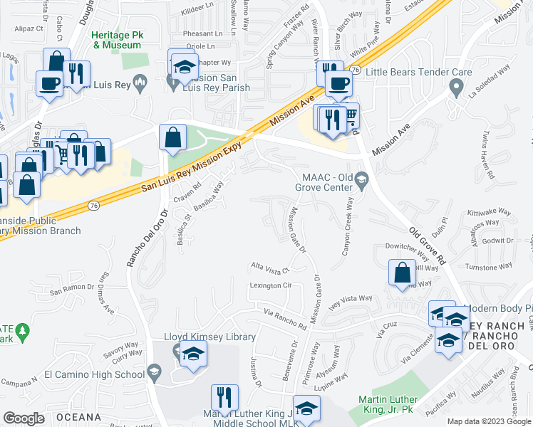 map of restaurants, bars, coffee shops, grocery stores, and more near 733 Vista Grande Way in Oceanside