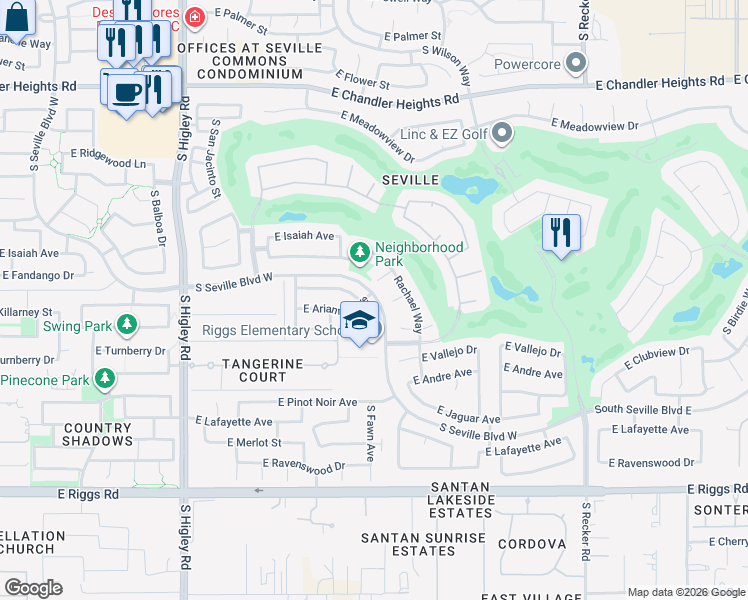 map of restaurants, bars, coffee shops, grocery stores, and more near 3571 East Arianna Avenue in Gilbert