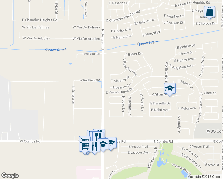 map of restaurants, bars, coffee shops, grocery stores, and more near 363 East Jeanne Lane in Queen Creek