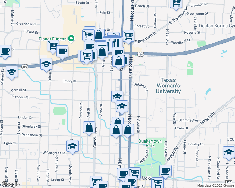 map of restaurants, bars, coffee shops, grocery stores, and more near 1415 North Elm Street in Denton