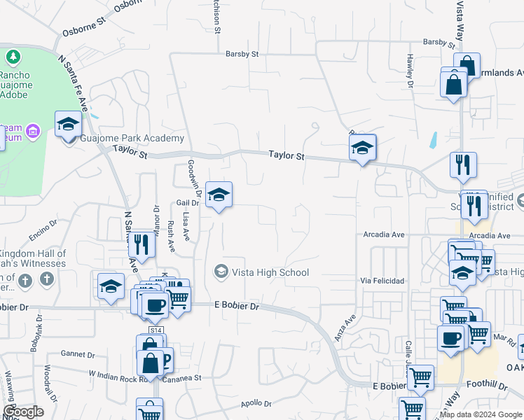 map of restaurants, bars, coffee shops, grocery stores, and more near 406 Garey Drive in Vista