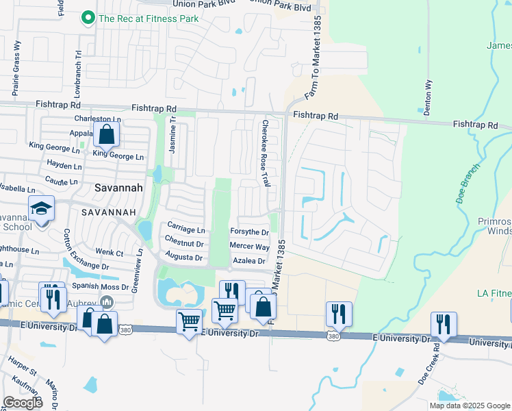 map of restaurants, bars, coffee shops, grocery stores, and more near 1316 Live Oak Lane in Aubrey