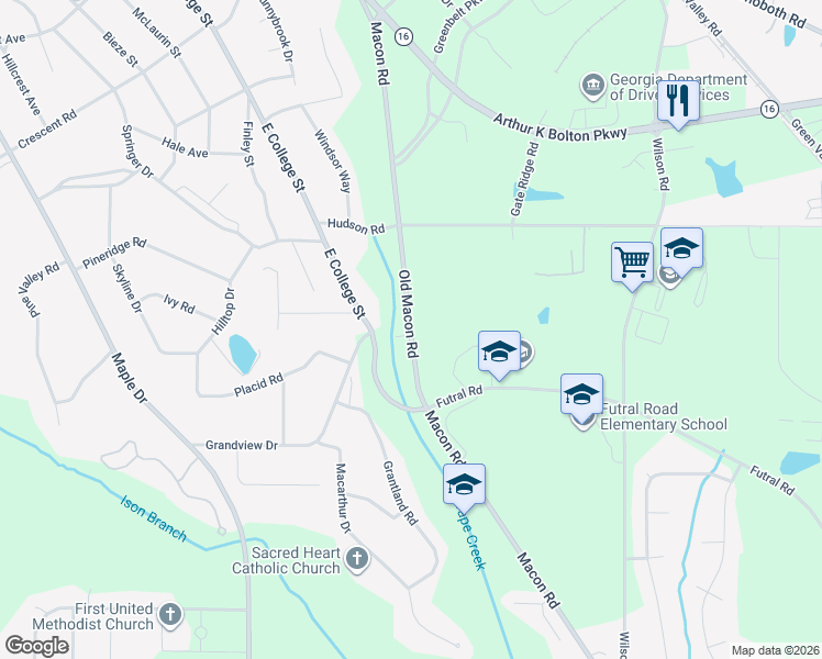 map of restaurants, bars, coffee shops, grocery stores, and more near 1157 Macon Road in Griffin