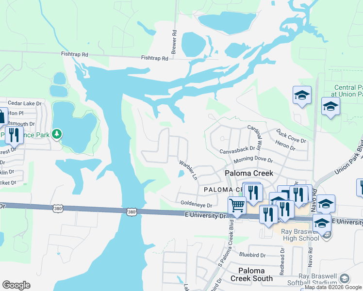 map of restaurants, bars, coffee shops, grocery stores, and more near 1061 Warbler Lane in Aubrey