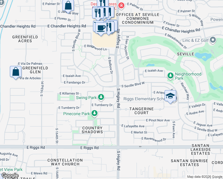 map of restaurants, bars, coffee shops, grocery stores, and more near 3156 East Killarney Street in Gilbert