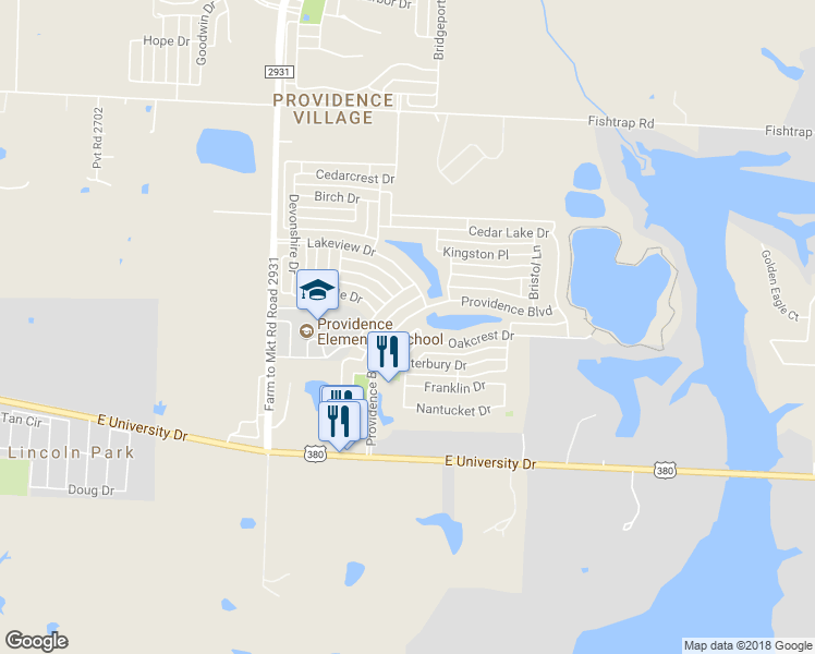 map of restaurants, bars, coffee shops, grocery stores, and more near 1036 Providence Boulevard in Providence Village