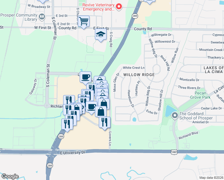 map of restaurants, bars, coffee shops, grocery stores, and more near 830 Moss Glen Drive in Prosper