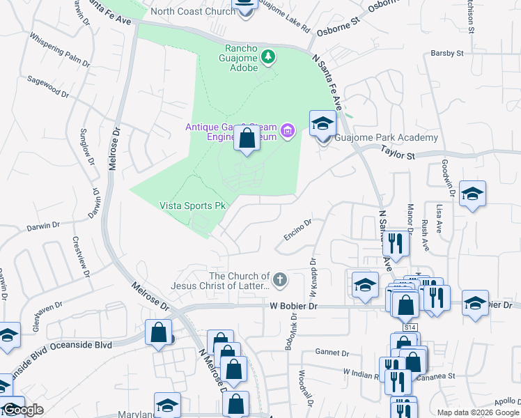 map of restaurants, bars, coffee shops, grocery stores, and more near 441 Adobe Estates Drive in Vista