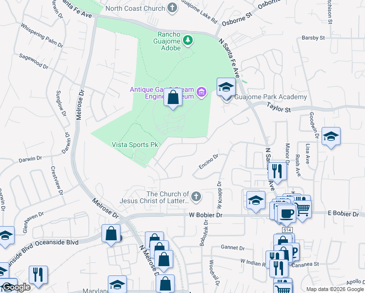 map of restaurants, bars, coffee shops, grocery stores, and more near 441 Adobe Estates Drive in Vista