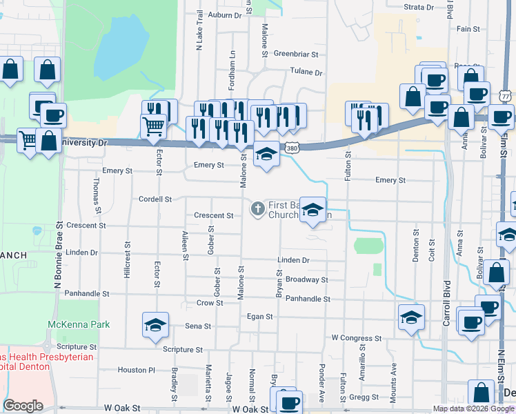 map of restaurants, bars, coffee shops, grocery stores, and more near 1400 Crescent Street in Denton