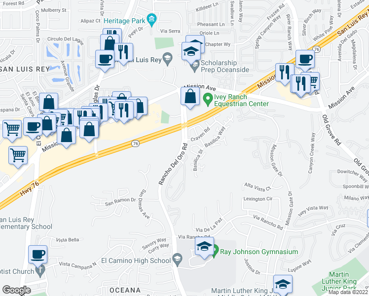 map of restaurants, bars, coffee shops, grocery stores, and more near 222 Rancho Del Oro Dr in Oceanside