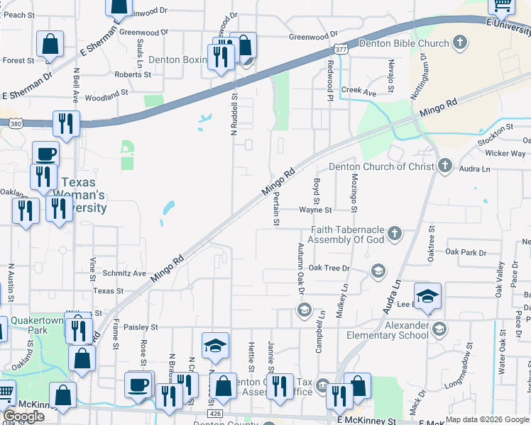 map of restaurants, bars, coffee shops, grocery stores, and more near 1301 Lattimore Street in Denton