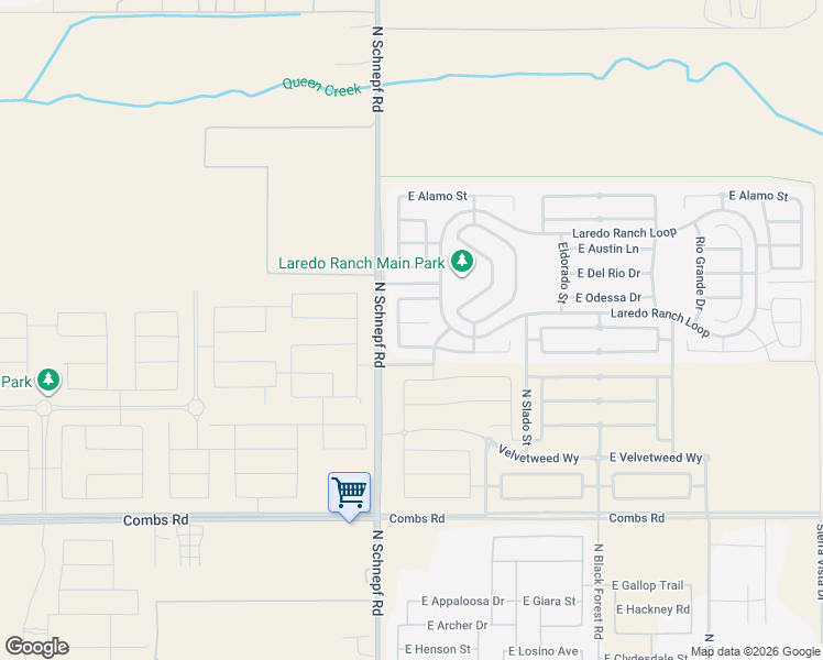 map of restaurants, bars, coffee shops, grocery stores, and more near 3569 East Amarillo Way in San Tan Valley