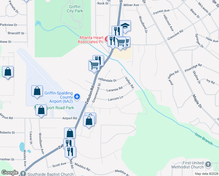 map of restaurants, bars, coffee shops, grocery stores, and more near 213 Laramie Road in Griffin