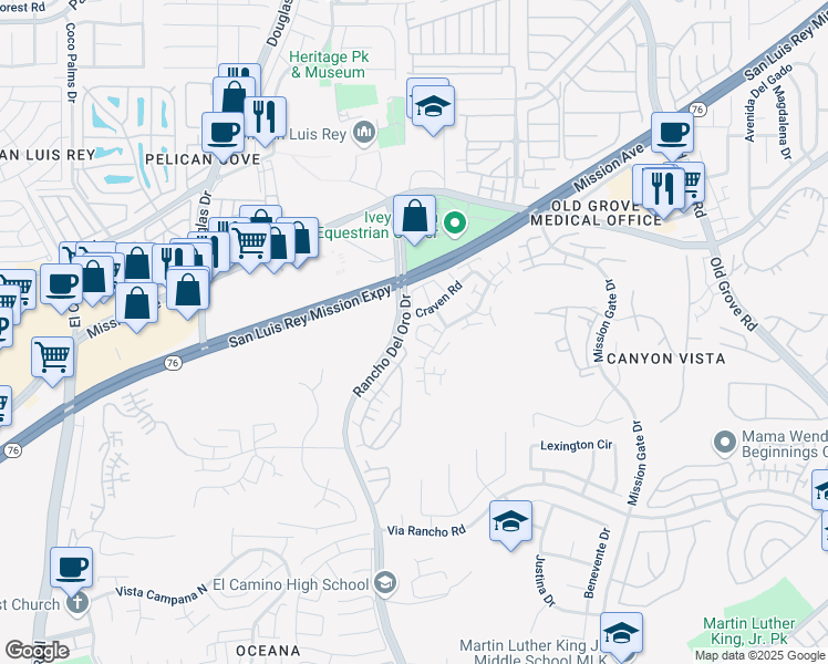 map of restaurants, bars, coffee shops, grocery stores, and more near 229 Melinda Way in Oceanside