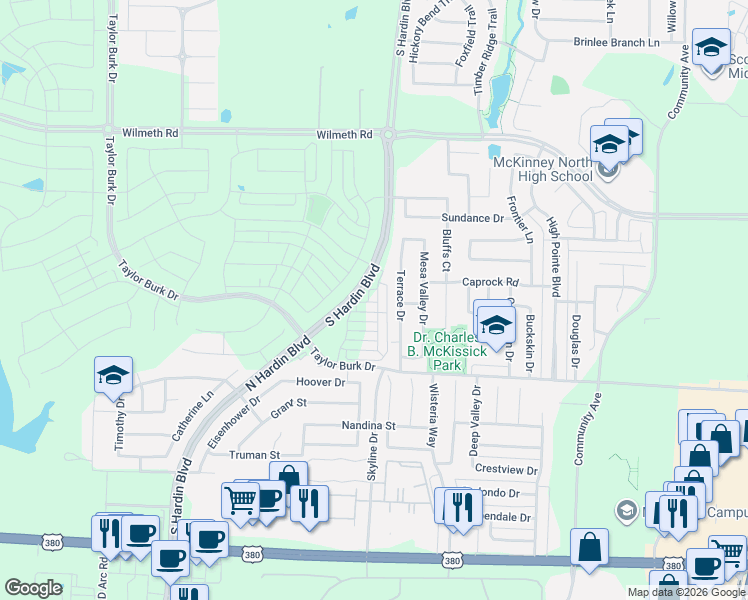 map of restaurants, bars, coffee shops, grocery stores, and more near 2713 Terrace Drive in McKinney