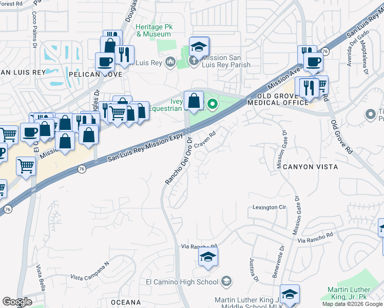 map of restaurants, bars, coffee shops, grocery stores, and more near 229 Melinda Way in Oceanside