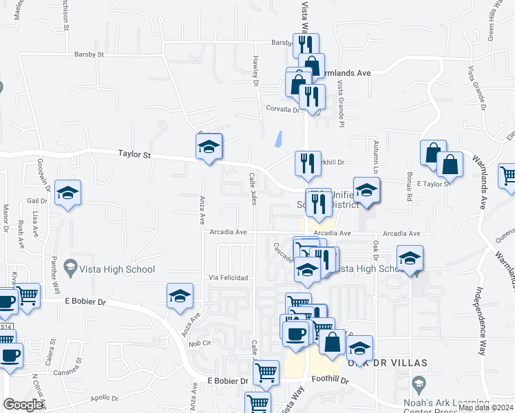 map of restaurants, bars, coffee shops, grocery stores, and more near 1745 Calle Jules in Vista
