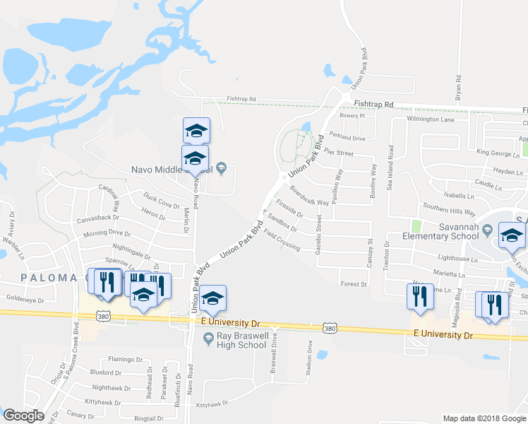 map of restaurants, bars, coffee shops, grocery stores, and more near Union Park Boulevard in Aubrey