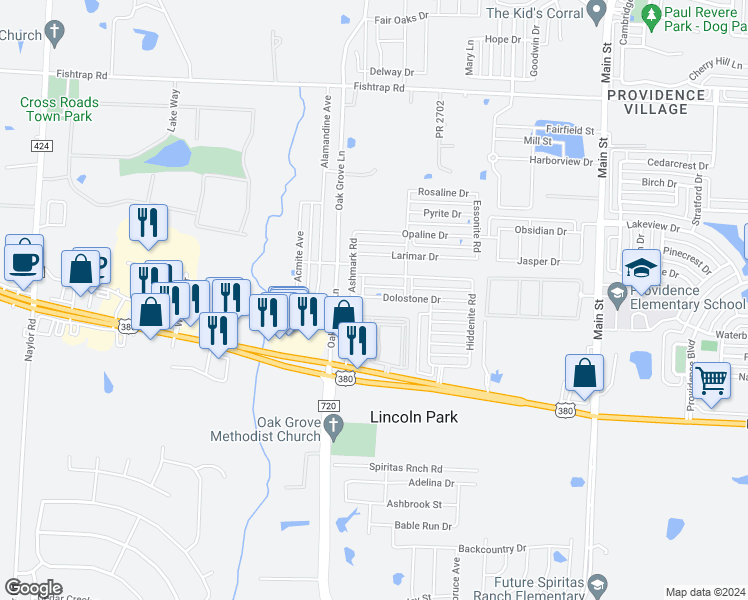 map of restaurants, bars, coffee shops, grocery stores, and more near 2432 Dolostone Drive in Aubrey
