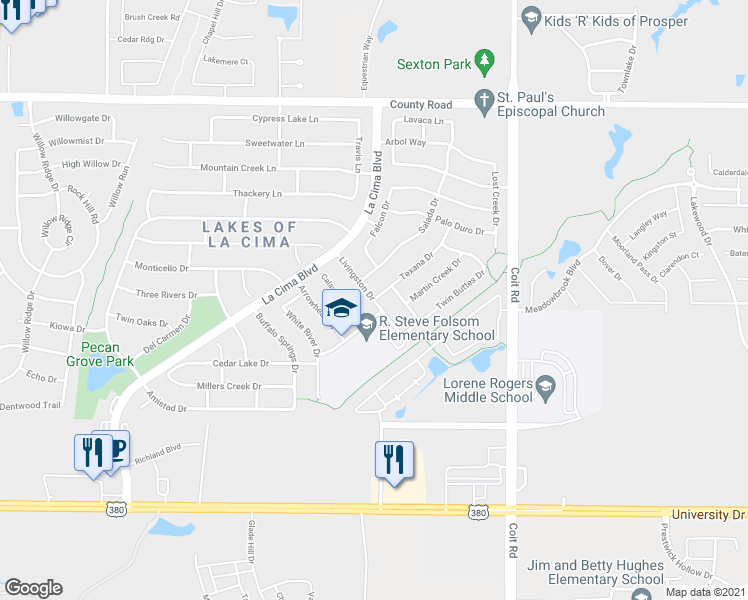 map of restaurants, bars, coffee shops, grocery stores, and more near Livingston Drive in Prosper