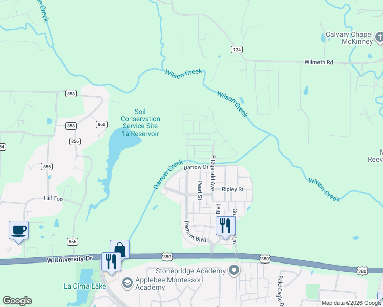 map of restaurants, bars, coffee shops, grocery stores, and more near 7513 Stanhope Street in McKinney