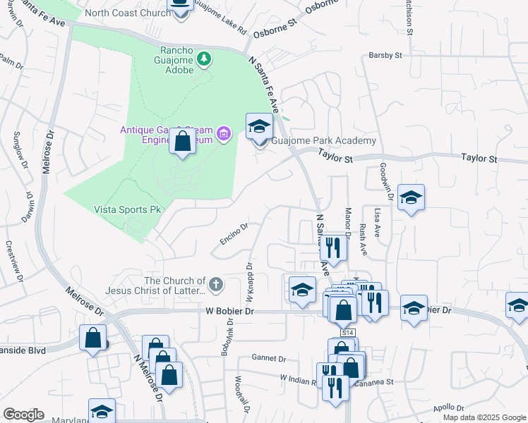 map of restaurants, bars, coffee shops, grocery stores, and more near 1776 Felicita Lane in Vista