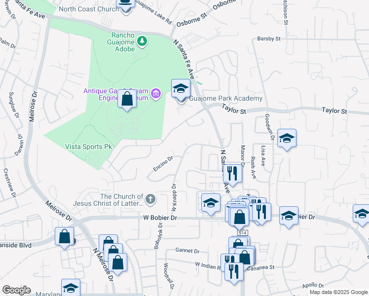 map of restaurants, bars, coffee shops, grocery stores, and more near 1776 Felicita Lane in Vista