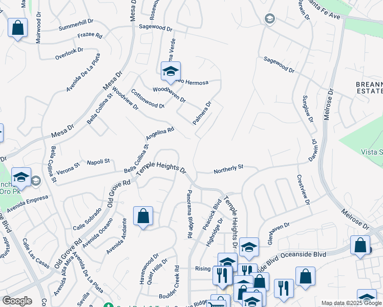 map of restaurants, bars, coffee shops, grocery stores, and more near 1347 Panorama Ridge Road in Oceanside