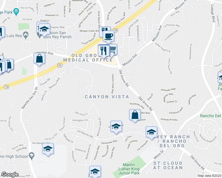 map of restaurants, bars, coffee shops, grocery stores, and more near 165 Canyon Creek Way in Oceanside