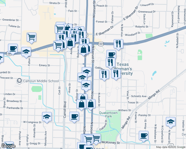 map of restaurants, bars, coffee shops, grocery stores, and more near 1415 North Locust Street in Denton
