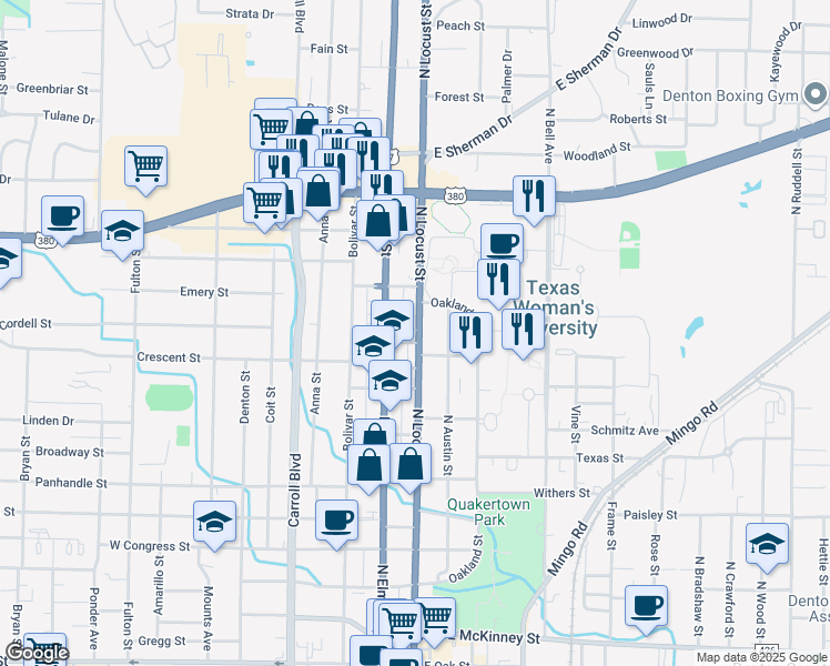 map of restaurants, bars, coffee shops, grocery stores, and more near 1415 North Locust Street in Denton