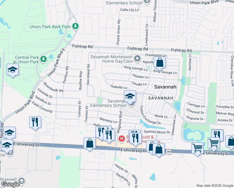 map of restaurants, bars, coffee shops, grocery stores, and more near 825 Southern Hills Way in Aubrey