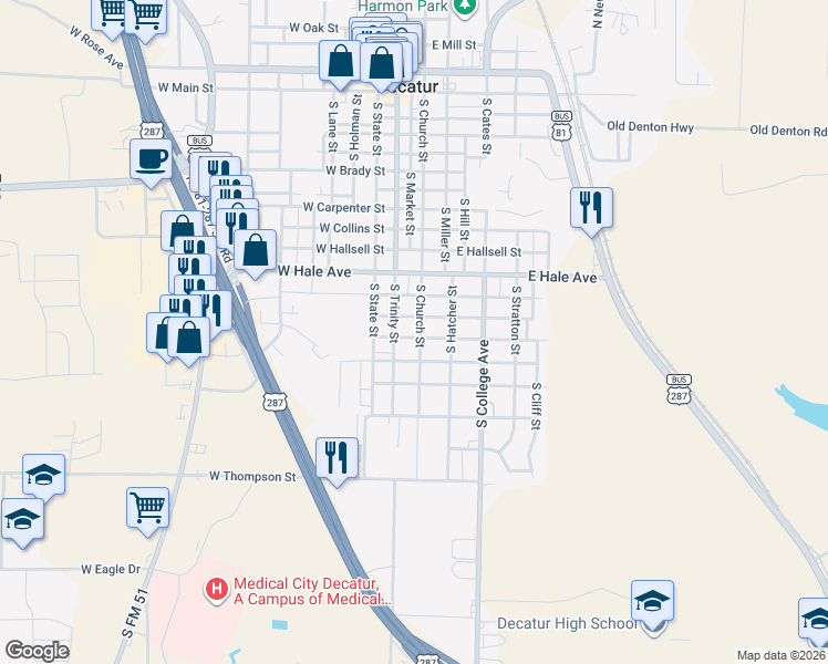 map of restaurants, bars, coffee shops, grocery stores, and more near 1202 South Church Street in Decatur