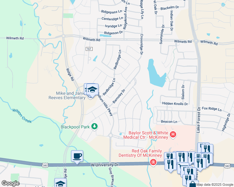 map of restaurants, bars, coffee shops, grocery stores, and more near 2424 Rotherham Circle in McKinney