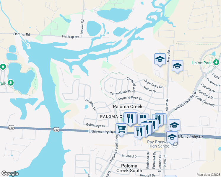 map of restaurants, bars, coffee shops, grocery stores, and more near 1330 Vireo Court in Aubrey