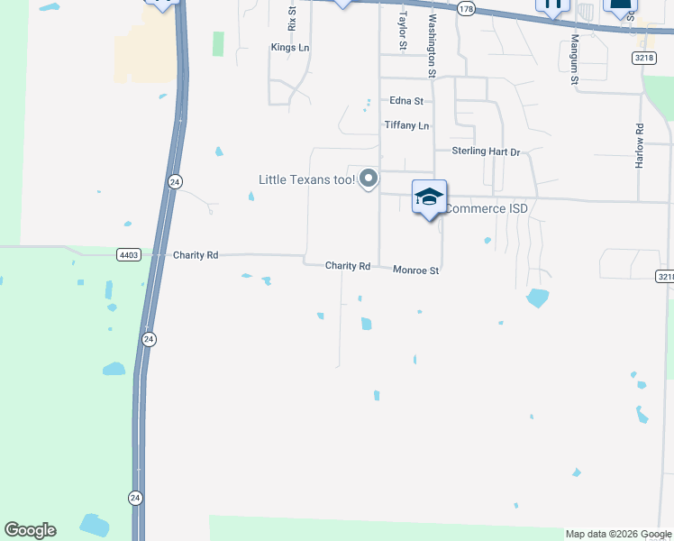 map of restaurants, bars, coffee shops, grocery stores, and more near 2905 Charity Road in Commerce