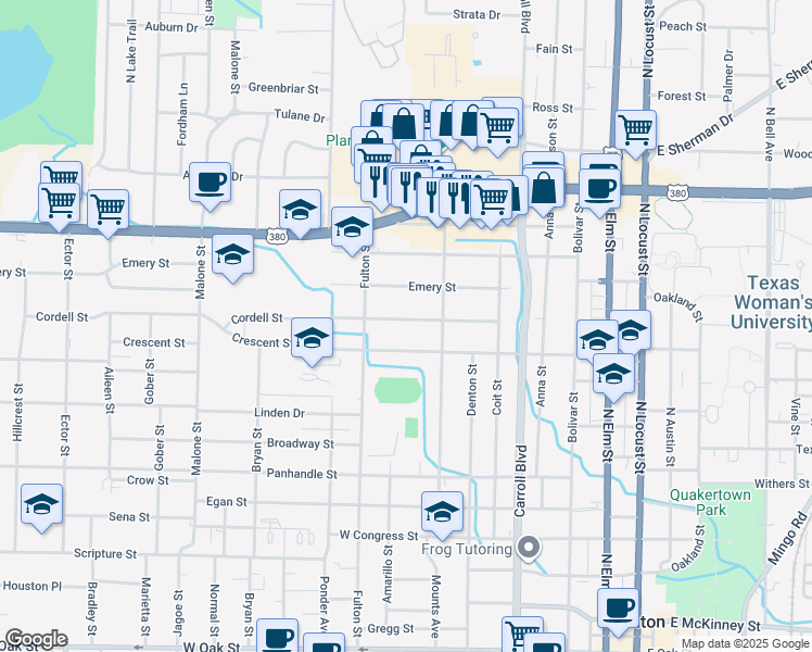 map of restaurants, bars, coffee shops, grocery stores, and more near 905 Cordell Street in Denton