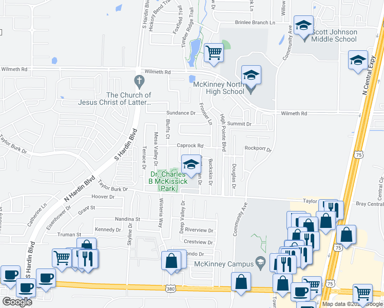 map of restaurants, bars, coffee shops, grocery stores, and more near 2608 Hidden Valley Drive in McKinney