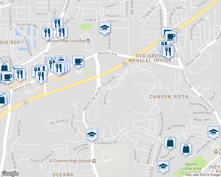 map of restaurants, bars, coffee shops, grocery stores, and more near Basilica Way & Basilica St in Oceanside