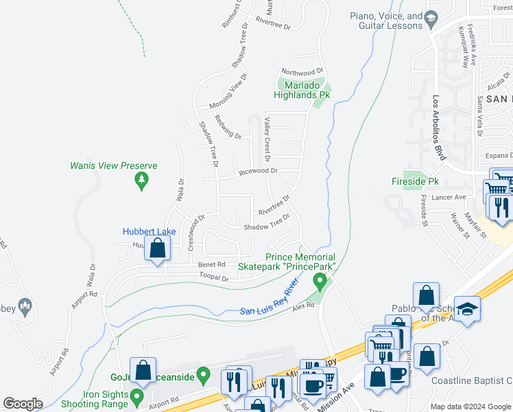 map of restaurants, bars, coffee shops, grocery stores, and more near 706 Chimney Rock Drive in Oceanside