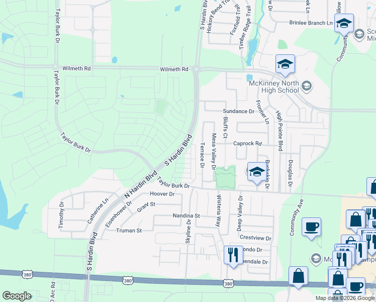 map of restaurants, bars, coffee shops, grocery stores, and more near 2713 Terrace Drive in McKinney
