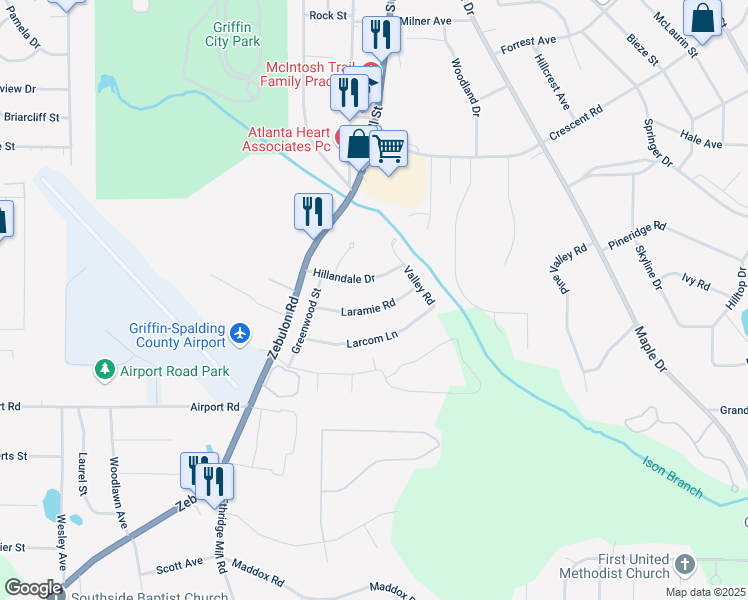 map of restaurants, bars, coffee shops, grocery stores, and more near 215 Laramie Road in Griffin