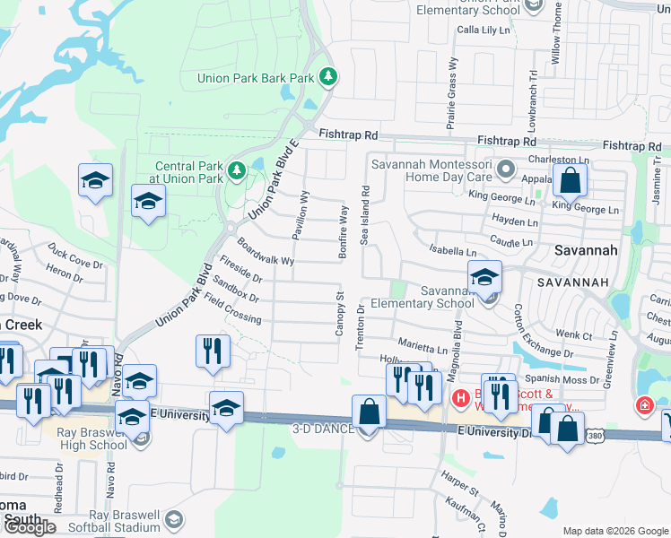 map of restaurants, bars, coffee shops, grocery stores, and more near 832 Boardwalk Way in Aubrey