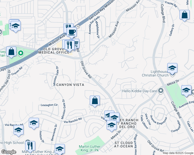 map of restaurants, bars, coffee shops, grocery stores, and more near 4414 Chickadee Way in Oceanside