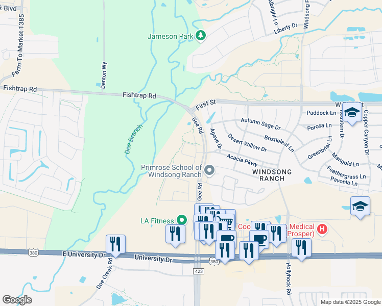 map of restaurants, bars, coffee shops, grocery stores, and more near 4851 Perennial Way in Prosper