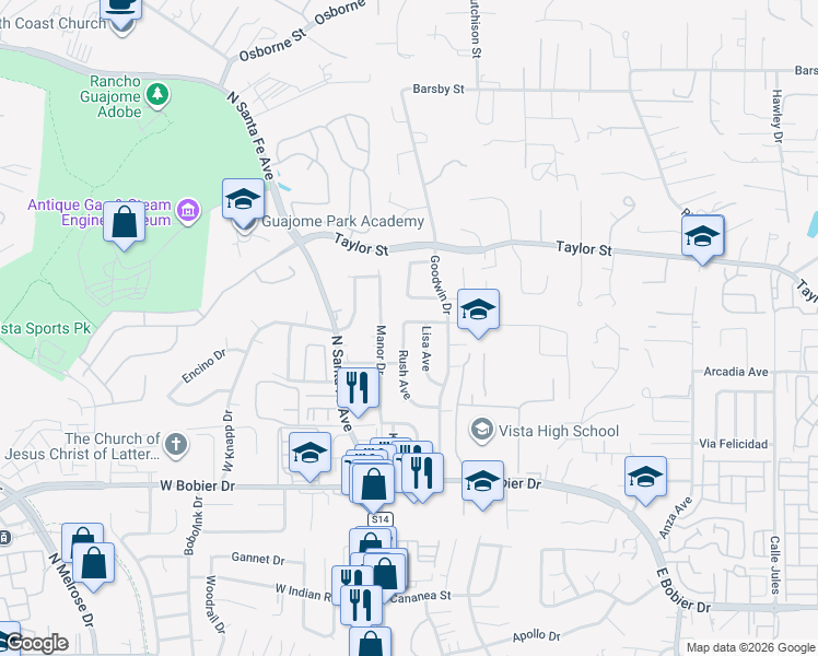 map of restaurants, bars, coffee shops, grocery stores, and more near 1743 Rush Avenue in Vista