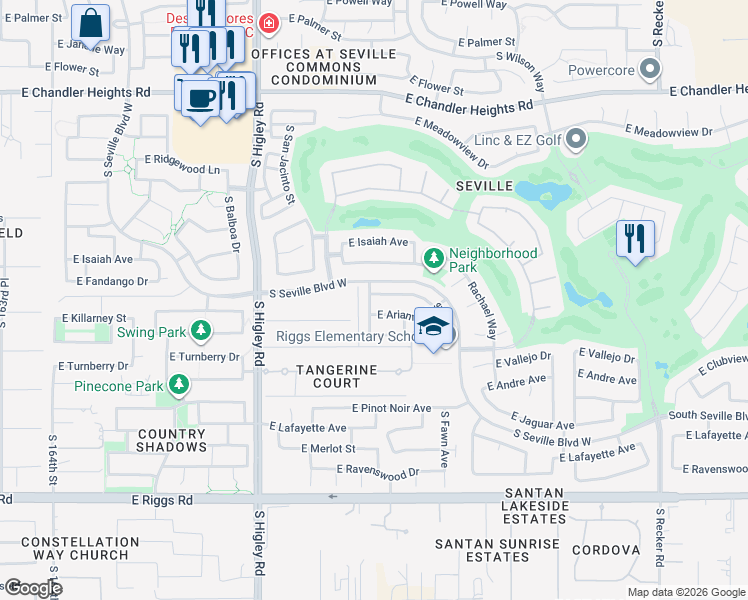 map of restaurants, bars, coffee shops, grocery stores, and more near 3435 East Riopelle Avenue in Gilbert