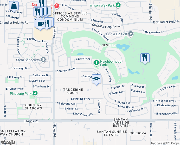 map of restaurants, bars, coffee shops, grocery stores, and more near 3503 East Riopelle Avenue in Gilbert